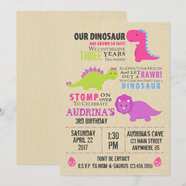 Girl Dinosaur Birthday Einladung (Vorne/Hinten)