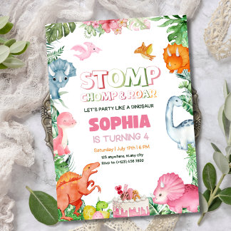 Girl Dinosaur Birthday Einladung Pink Dinosaur