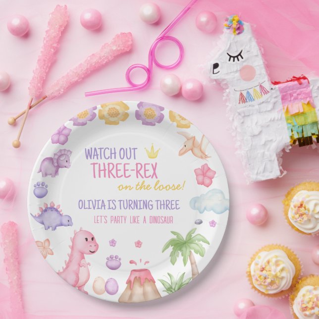 Girl Dinosaur Birthday Pappteller (Party)