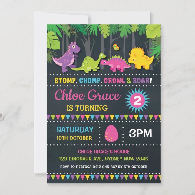 Girl Dinosaur Birthday Party Pink Roar Chalkboard Einladung (Vorderseite)