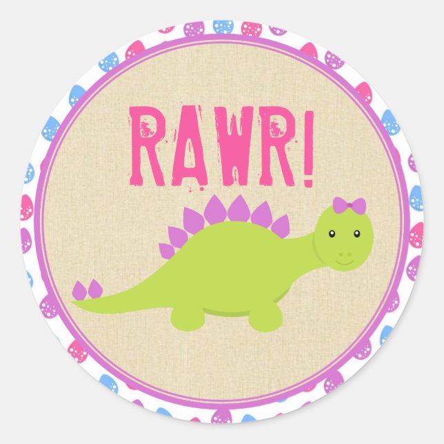 Girl Dinosaur Birthday Stickers Pink Dinosaurier (Vorderseite)