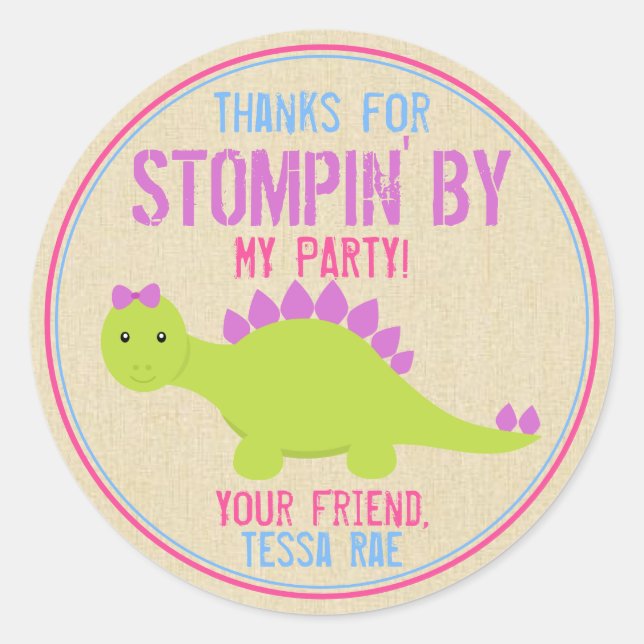 Girl Dinosaur Birthday Stickers Pink Dinosaurier (Vorderseite)