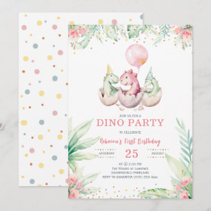 Girl Dinosaur Einladung zum ersten Geburtstag