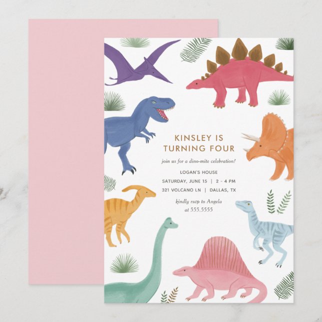 Girl Dinosaur Geburtstagsparty Einladung (Vorne/Hinten)