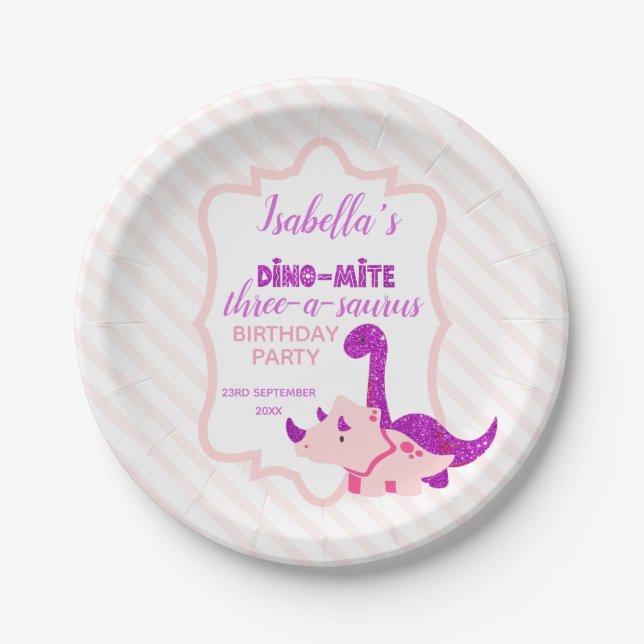 Girl Dinosaur Pink Birthday Pappteller (Vorderseite)