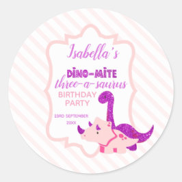 Girl Dinosaur Pink Birthday Runder Aufkleber