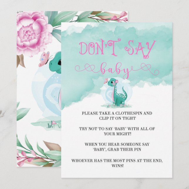 Girl Dinosaur Pink Peony Say Baby Invites (Vorne/Hinten)