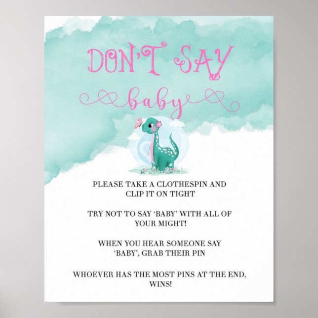 Girl Dinosaur Pink Peony Say Baby Invites Poster (Vorne)
