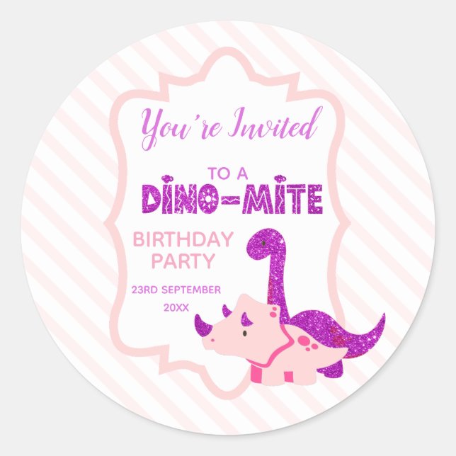 Girl Dinosaur You're Einladung to a Birthday Party Runder Aufkleber (Vorderseite)
