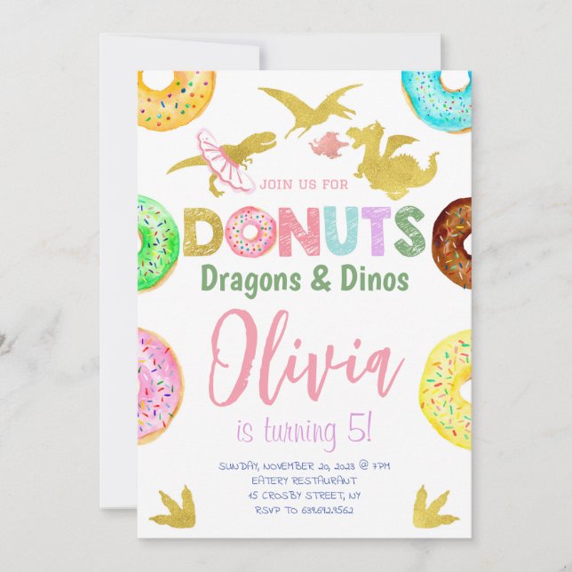 Girl Dinosaurier und Donuts Geburtstag Einladung (Vorderseite)