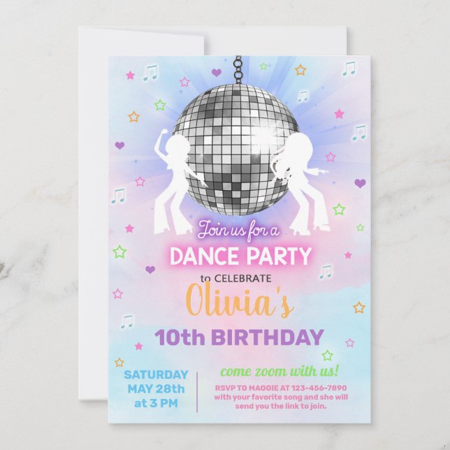 Girl-Disco-Tanz-Party, virtuelles Dance-Party. Einladung (Vorderseite)