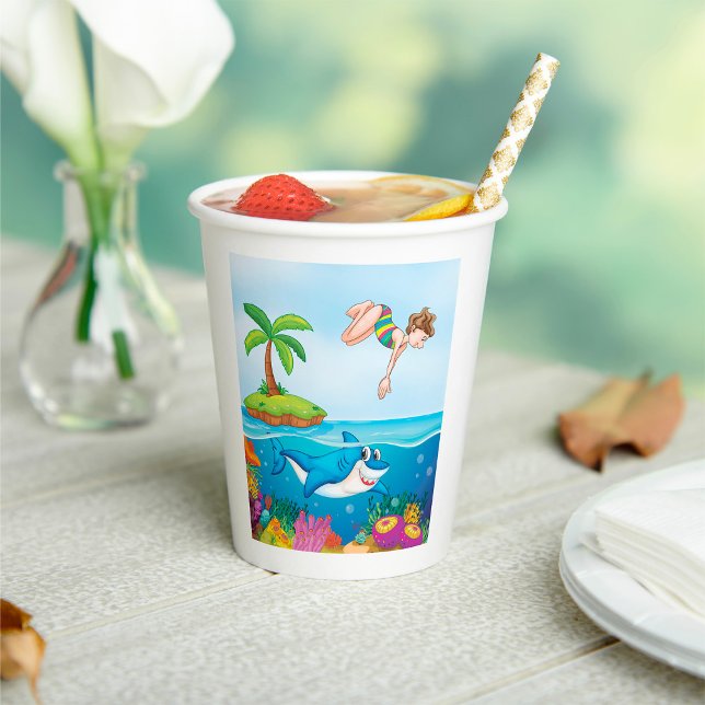 Girl Diving in Ocean Friendly Shark Coral Reef Pappbecher (Von Creator hochgeladen)