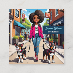 Girl Dog Walker Pet Sitter in Fuchsia Pink Jacket Quadratische Visitenkarte