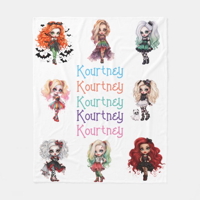Girl Doll Spooky Halloween Thema mit Namen Fleecedecke (Vorderseite)