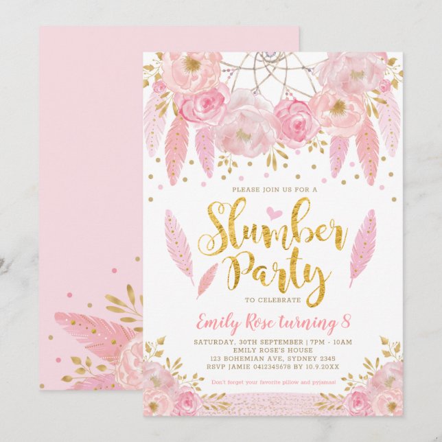 Girl Dreamcatcher Pink Gold Floral Slumber Party Einladung (Vorne/Hinten)