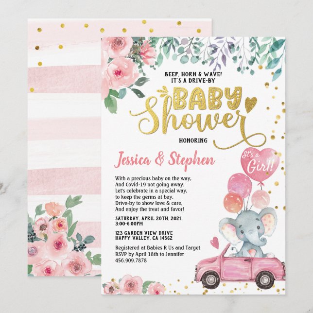 Girl Drive by Baby Dusche Parade Rosa Elefant Einladung (Vorne/Hinten)