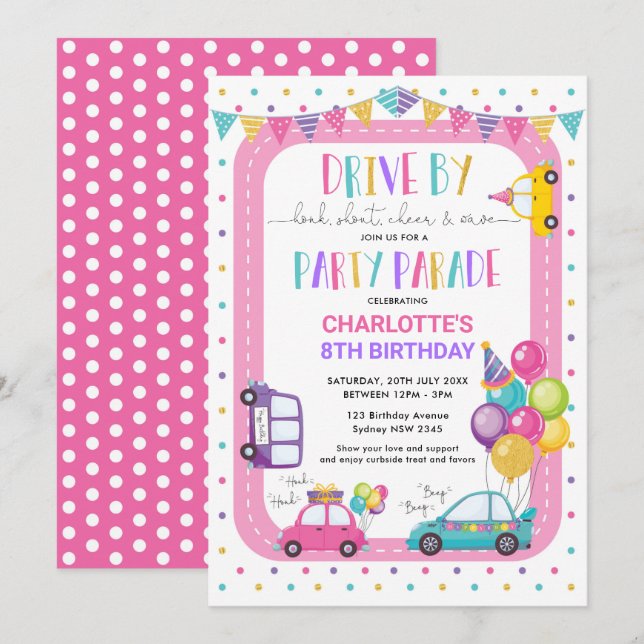 Girl Drive By Birthday Parade Quarantine Party Einladung (Vorne/Hinten)