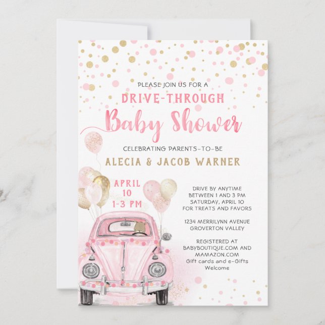 Girl Drive Through Baby Dusche Pink Gold Car Einladung (Vorderseite)