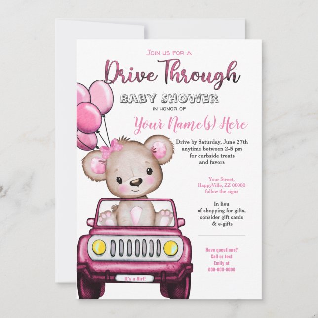 Girl Drive Through Baby Shooting Teddy Bär Einladung (Vorderseite)