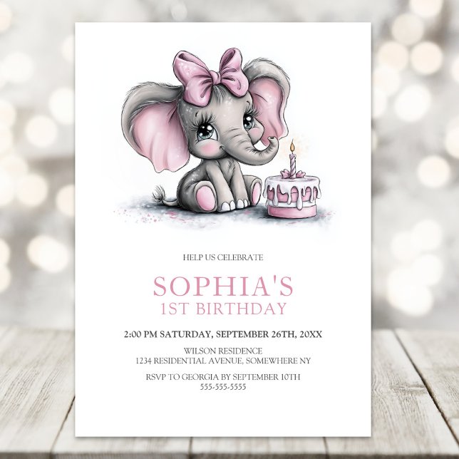 Girl Elephant 1st Birthday Party Invitation (Créateur téléchargé)