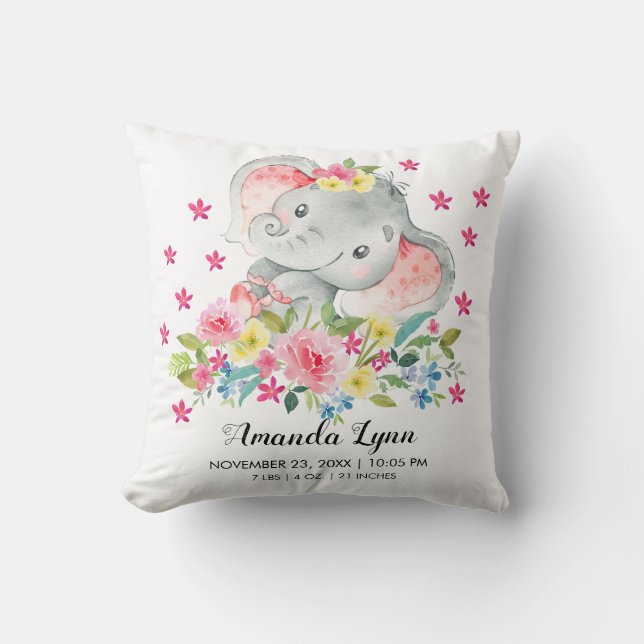 GIRL Elephant Baby Birth Stats Pillow Kissen (Vorderseite)