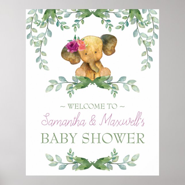 Girl Elephant Baby Dusche Begrüßungszeichen Rosa G Poster (Vorne)