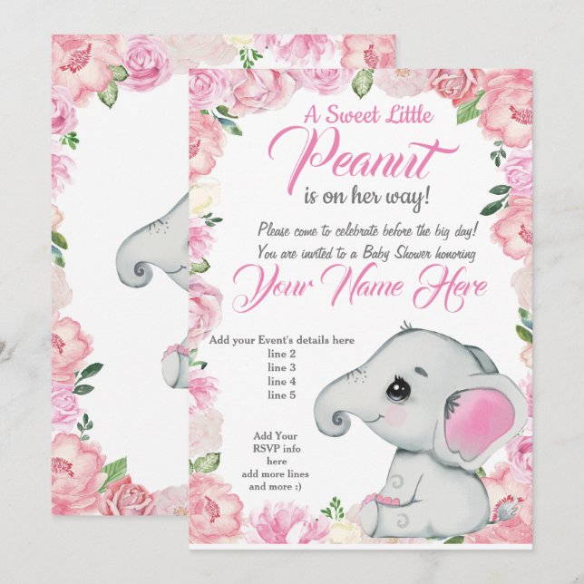 Girl Elephant Baby Dusche Einladung Rose pink (Vorne/Hinten)