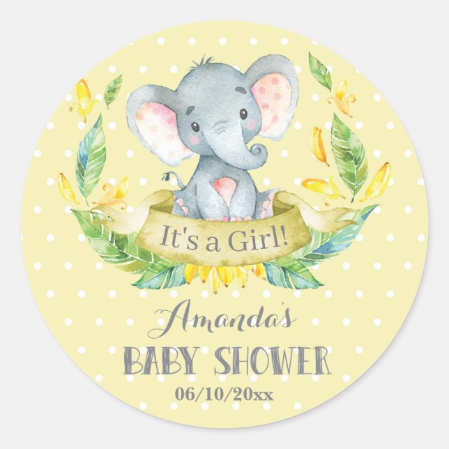 Girl Elephant Baby Dusche Gelb und Grau Runder Aufkleber (Vorderseite)