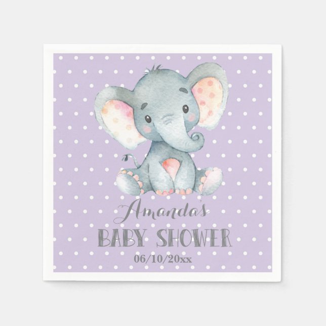 Girl Elephant Baby Dusche Lila und Grau Napkins Serviette (Vorderseite)