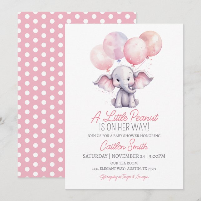 Girl Elephant Baby Dusche Pink Grau Punkte Einladung (Vorne/Hinten)