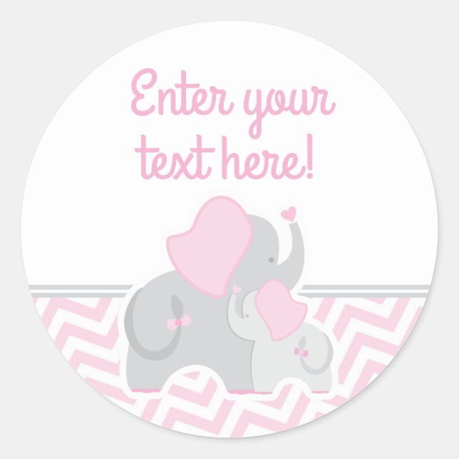 Girl Elephant Baby Dusche Pink Grau Zickzack Runder Aufkleber (Vorderseite)
