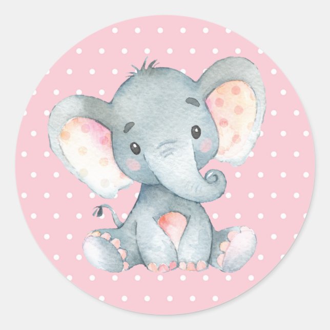 Girl Elephant Baby Dusche Pink Runder Aufkleber (Vorderseite)