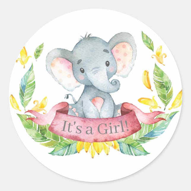 Girl Elephant Baby Dusche Pink Runder Aufkleber (Vorderseite)