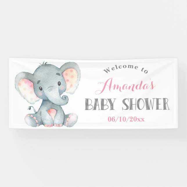 Girl Elephant Baby Dusche Rosa und Grau Banner (Horizontal)