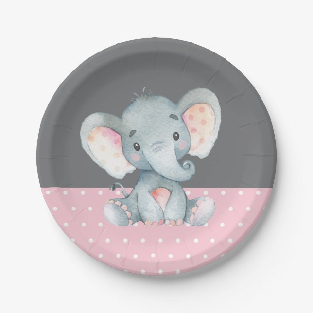 Girl Elephant Baby Dusche Rosa und Grau Pappteller (Vorderseite)