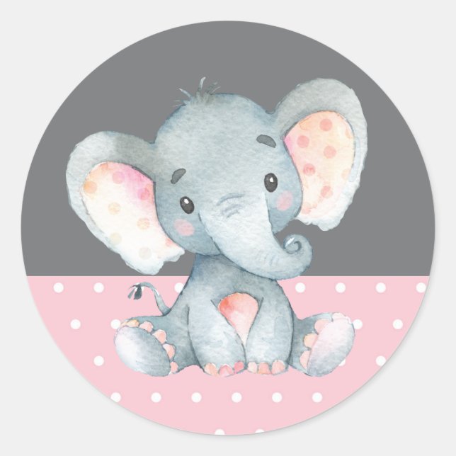 Girl Elephant Baby Dusche Rosa und Grau Runder Aufkleber (Vorderseite)