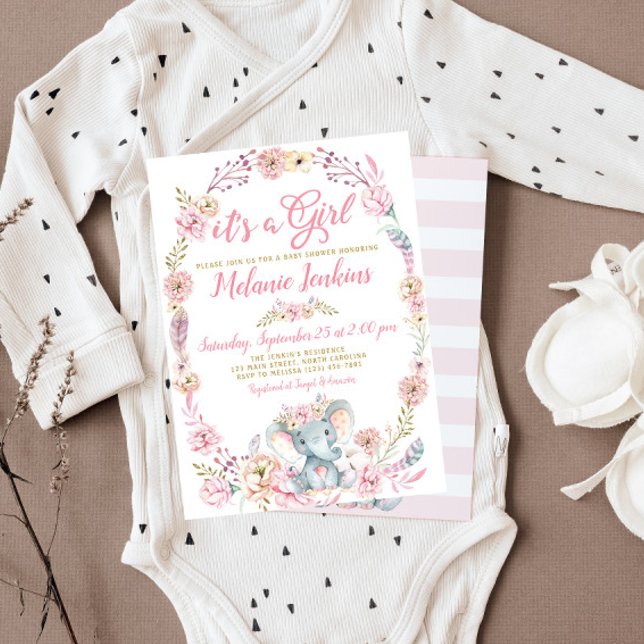 Girl Elephant Baby Shower Bloral Einladung (Von Creator hochgeladen)