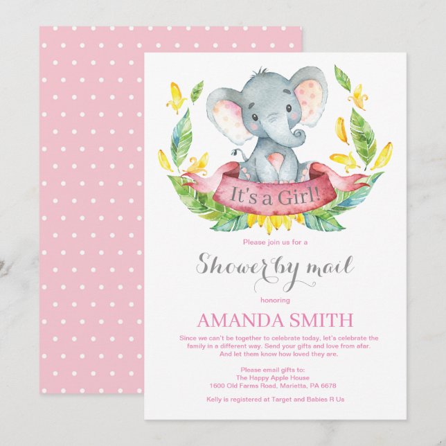 Girl Elephant Baby Shower by Mail Einladung (Vorne/Hinten)