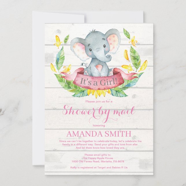 Girl Elephant Baby Shower by Mail Einladung (Vorderseite)