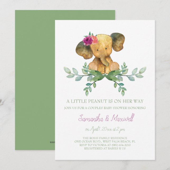 Girl Elephant Baby Shower Einladung (Vorne/Hinten)