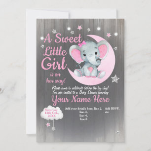 Girl Elephant Baby shower Invitation Étoiles Lune