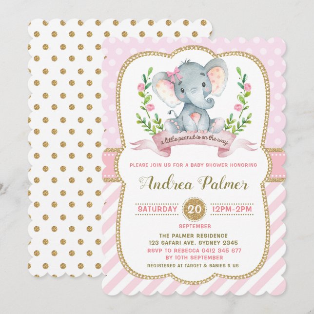 Girl Elephant Babydusche Einladung Pink & Gold (Vorne/Hinten)
