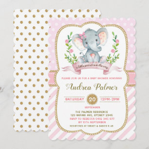 Girl Elephant Babydusche Einladung Pink & Gold