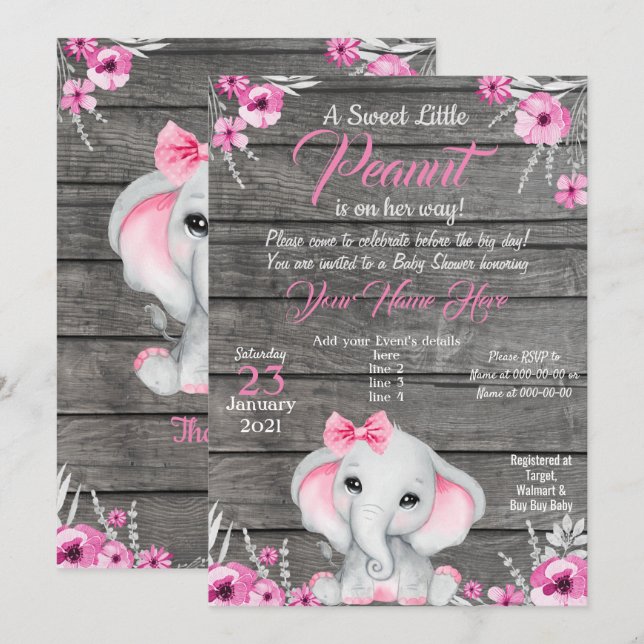Girl Elephant Babydusche Einladung, rustikal, rosa Einladung (Vorne/Hinten)