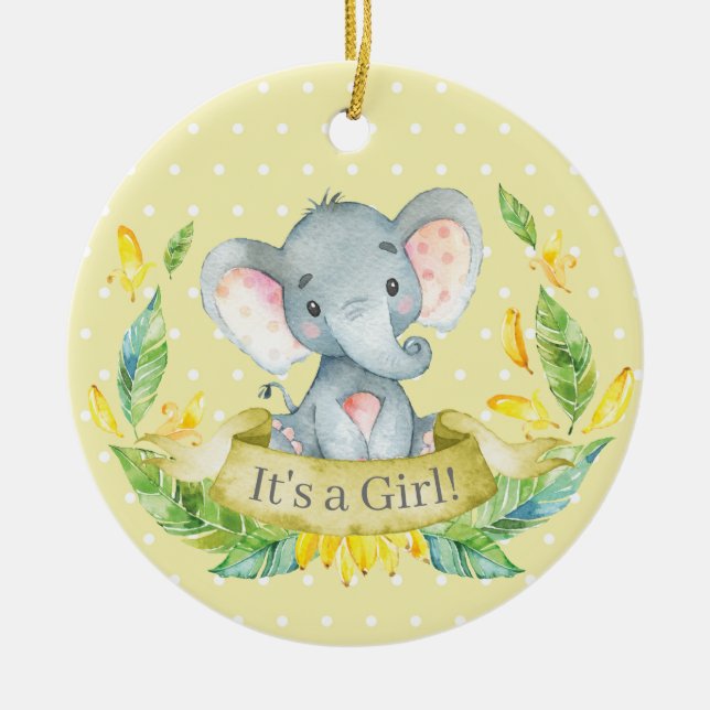 Girl Elephant Babydusche gelb Keramik Ornament (Vorne)