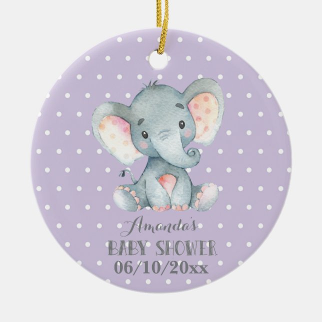 Girl Elephant Babydusche Lila und grau Keramik Ornament (Vorne)