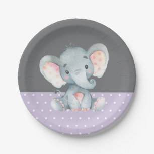 Girl Elephant Babydusche Lila und grau Pappteller
