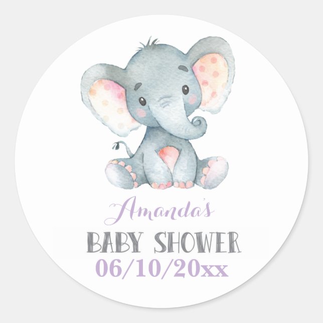 Girl Elephant Babydusche Lila und grau Runder Aufkleber (Vorderseite)