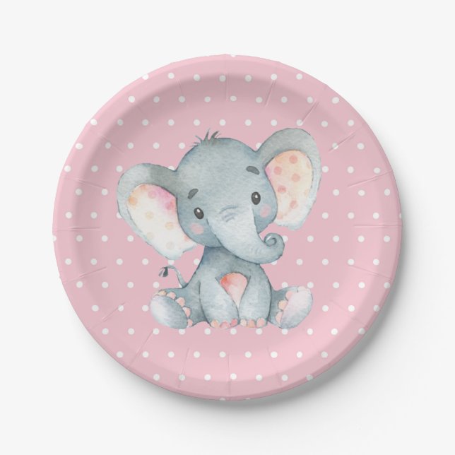 Girl Elephant Babydusche Rosa Papierplatte Pappteller (Vorderseite)