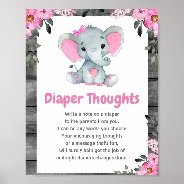 Girl Elephant Diaper Gedanken Babydusche Zeichen Poster (Vorne)